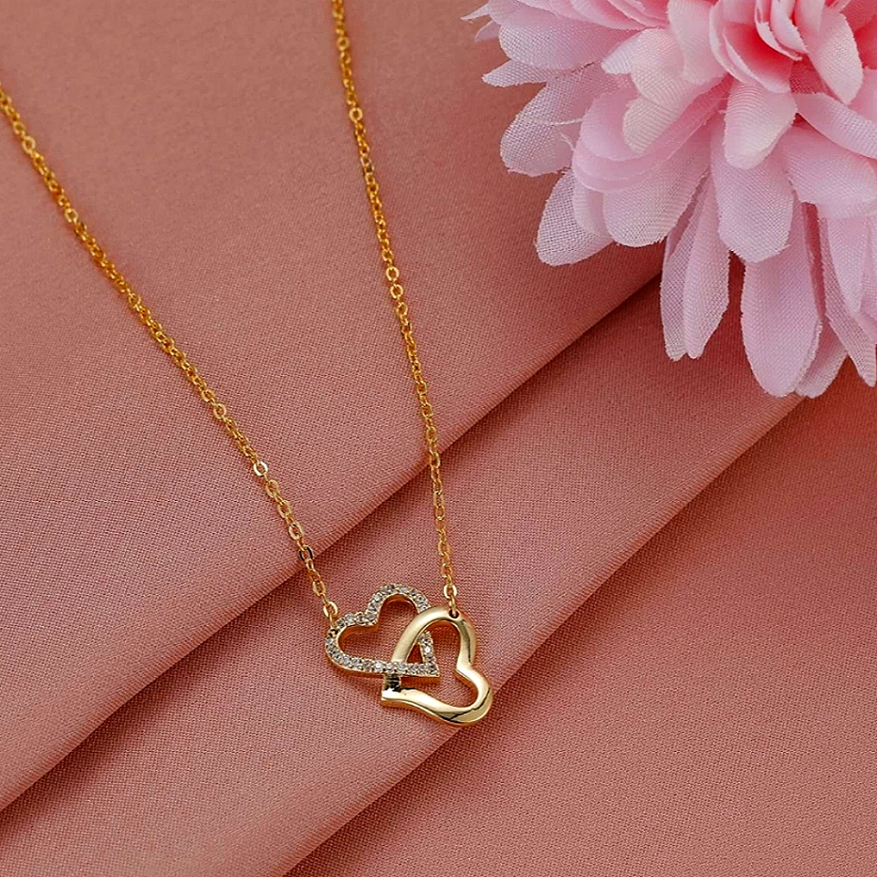 14k Gold Interlocking Double Heart Diamond Necklace